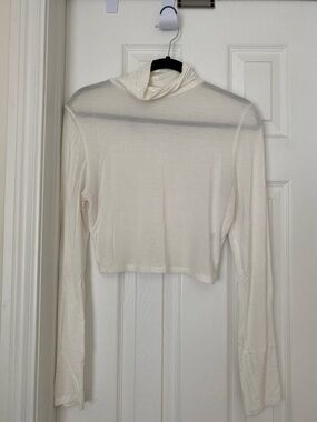 Long Sleeve Smocked Turtleneck Sheer Cropped Top